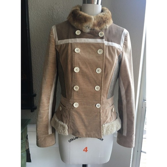 EUC LOUIS VUITTON Light Brown Corduroy Fur Trim Peacoat Jacket  38 / 6 - Picture 1 of 8
